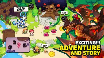 Official Dragon Village 3 screenshot showing an adventure scene with pixel characters and a lava dragon.