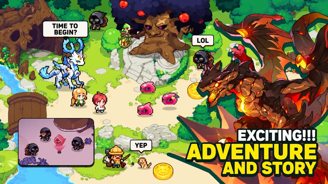 Official Dragon Village 3 screenshot showing an adventure scene with pixel characters and a lava dragon.