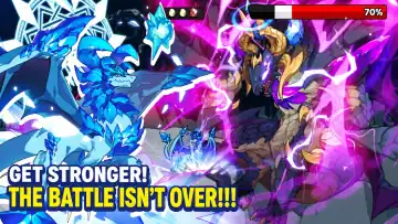 Official Dragon Village 3 screenshot showing two dragons fighting with blue and purple battle effects.