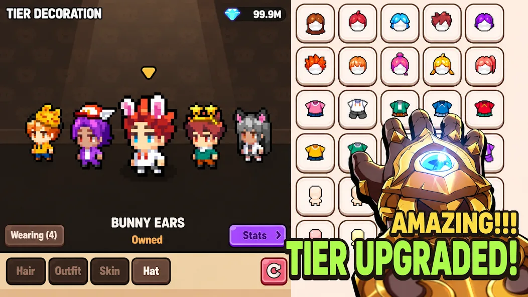 Official Dragon Village 3 screenshot showing character customization items and tier upgrade UI.